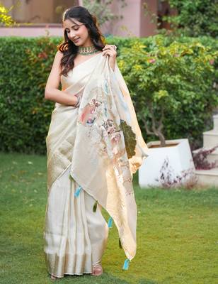 uma pure tissue viscose with zari weaving around borders & pallu radha rani art work with thread around pallu 2