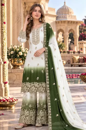 Mehendi&white georgette readymade suit with diamond & embroidery work