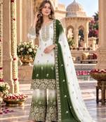 Mehendi&white georgette readymade suit with diamond & embroidery work