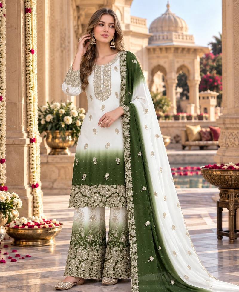 Mehendi&white georgette readymade suit with diamond & embroidery work