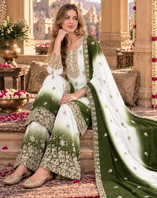 Mehendi&white georgette readymade suit with diamond & embroidery work 2
