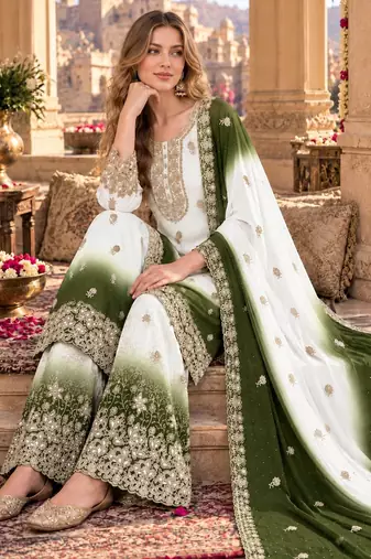Mehendi&white georgette readymade suit with diamond & embroidery work
