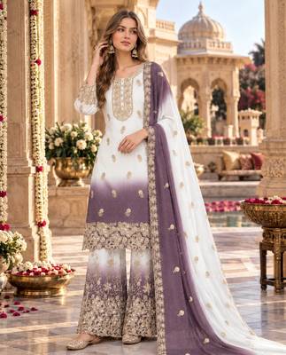 Lavender&white georgette readymade suit with diamond & embroidery work 1