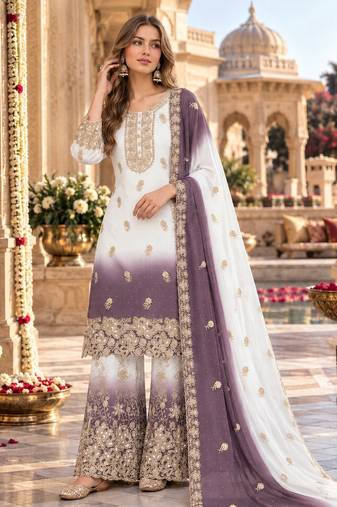 Lavender&white georgette readymade suit with diamond & embroidery work