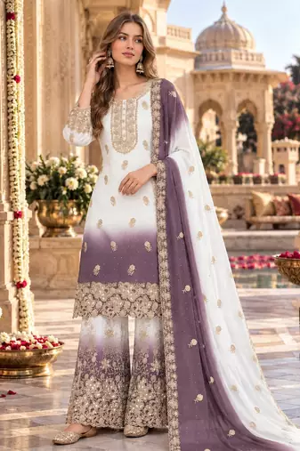 Lavender&white georgette readymade suit with diamond & embroidery work
