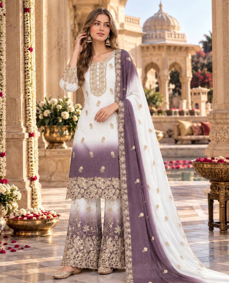 Lavender&white georgette readymade suit with diamond & embroidery work