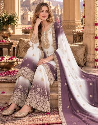 Lavender&white georgette readymade suit with diamond & embroidery work 2