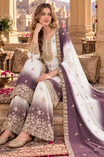Lavender&white georgette readymade suit with diamond & embroidery work