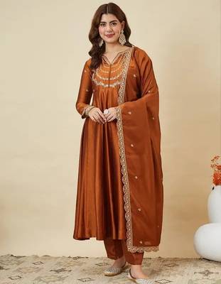Rust embroidery vichitra silk kurta with pant and dupatta 1