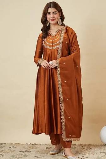Rust embroidery vichitra silk kurta with pant and dupatta