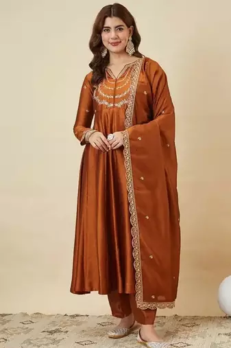 Rust embroidery vichitra silk kurta with pant and dupatta