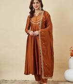 Rust embroidery vichitra silk kurta with pant and dupatta