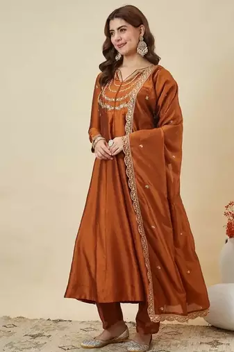 Rust embroidery vichitra silk kurta with pant and dupatta