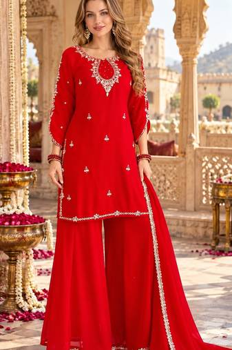 Red georgette readymade suit with Sequin & embroidery work