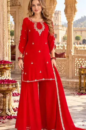 Red georgette readymade suit with sequence & embroidery work