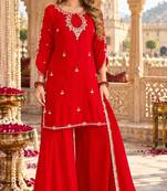Red georgette readymade suit with sequence & embroidery work
