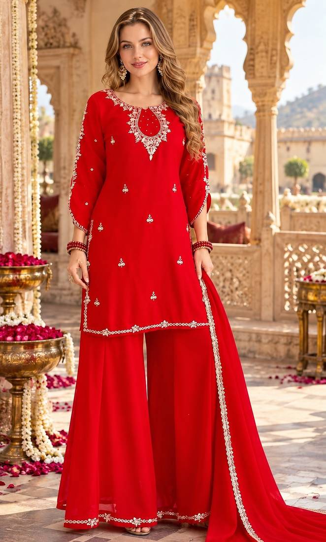 Red georgette readymade suit with sequence & embroidery work