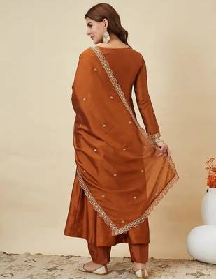 Rust embroidery vichitra silk kurta with pant and dupatta 3