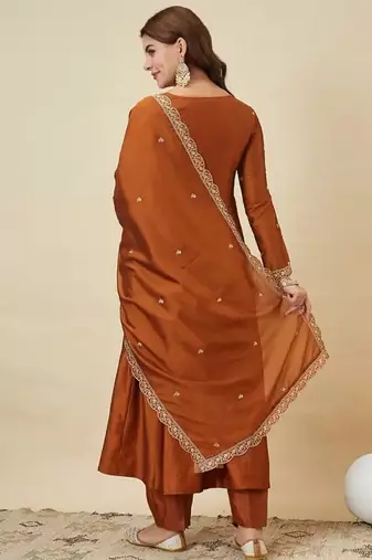 Rust embroidery vichitra silk kurta with pant and dupatta