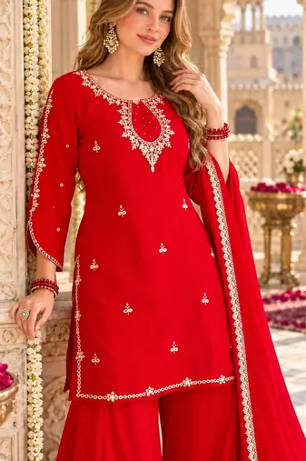 Red georgette readymade suit with sequence & embroidery work
