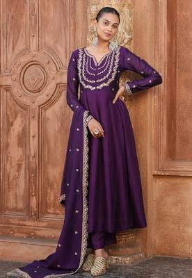 Purple embroidery vichitra silk kurta with pant and dupatta 1