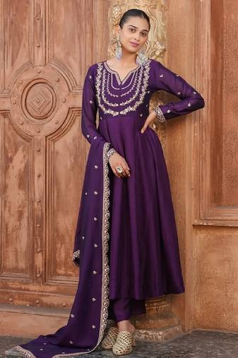 Purple embroidery vichitra silk kurta with pant and dupatta