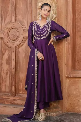 Purple embroidery vichitra silk kurta with pant and dupatta