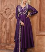 Purple embroidery vichitra silk kurta with pant and dupatta