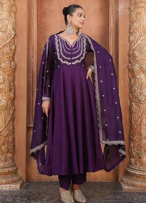 Purple embroidery vichitra silk kurta with pant and dupatta 2