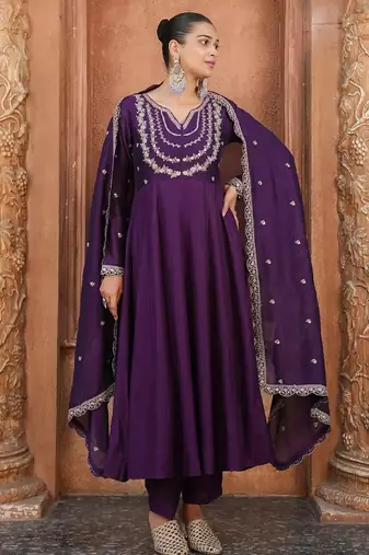 Purple embroidery vichitra silk kurta with pant and dupatta