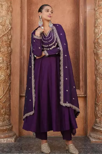 Purple embroidery vichitra silk kurta with pant and dupatta