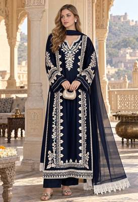 Navy rayon readymade suit with sequence & embroidery work 1