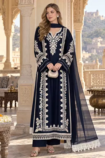 Navy rayon readymade suit with sequence & embroidery work