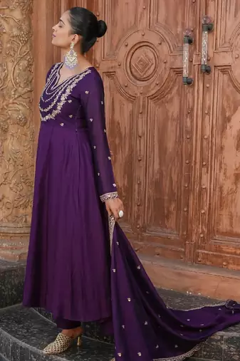 Purple embroidery vichitra silk kurta with pant and dupatta