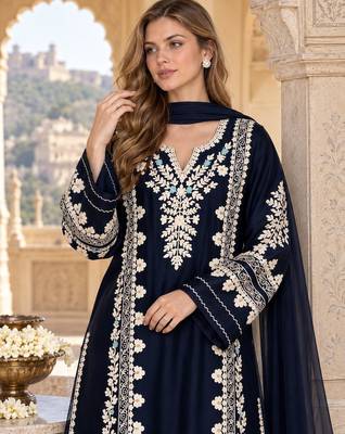 Navy rayon readymade suit with sequence & embroidery work 2
