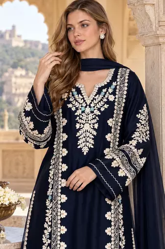 Navy rayon readymade suit with sequence & embroidery work