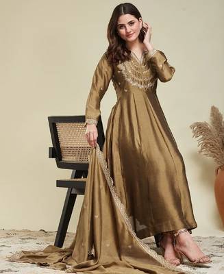 Gold embroidery vichitra silk kurta with pant and dupatta 1