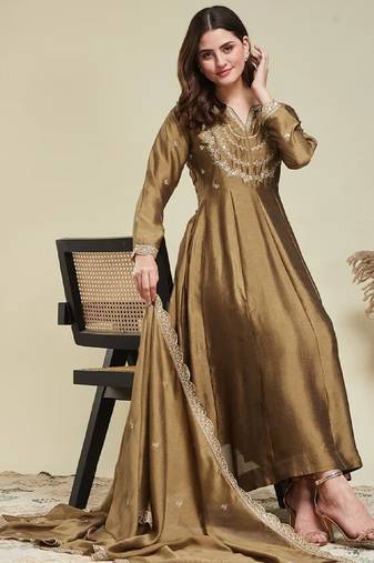 Gold embroidery vichitra silk kurta with pant and dupatta