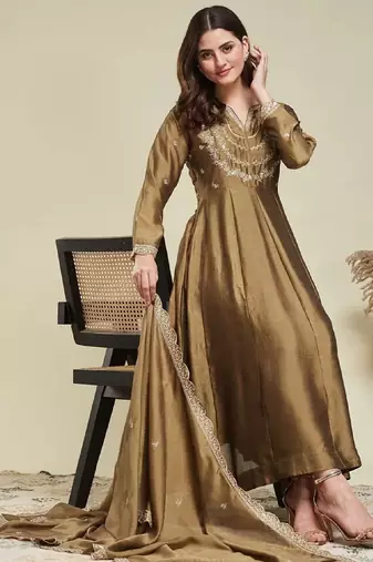 Gold embroidery vichitra silk kurta with pant and dupatta