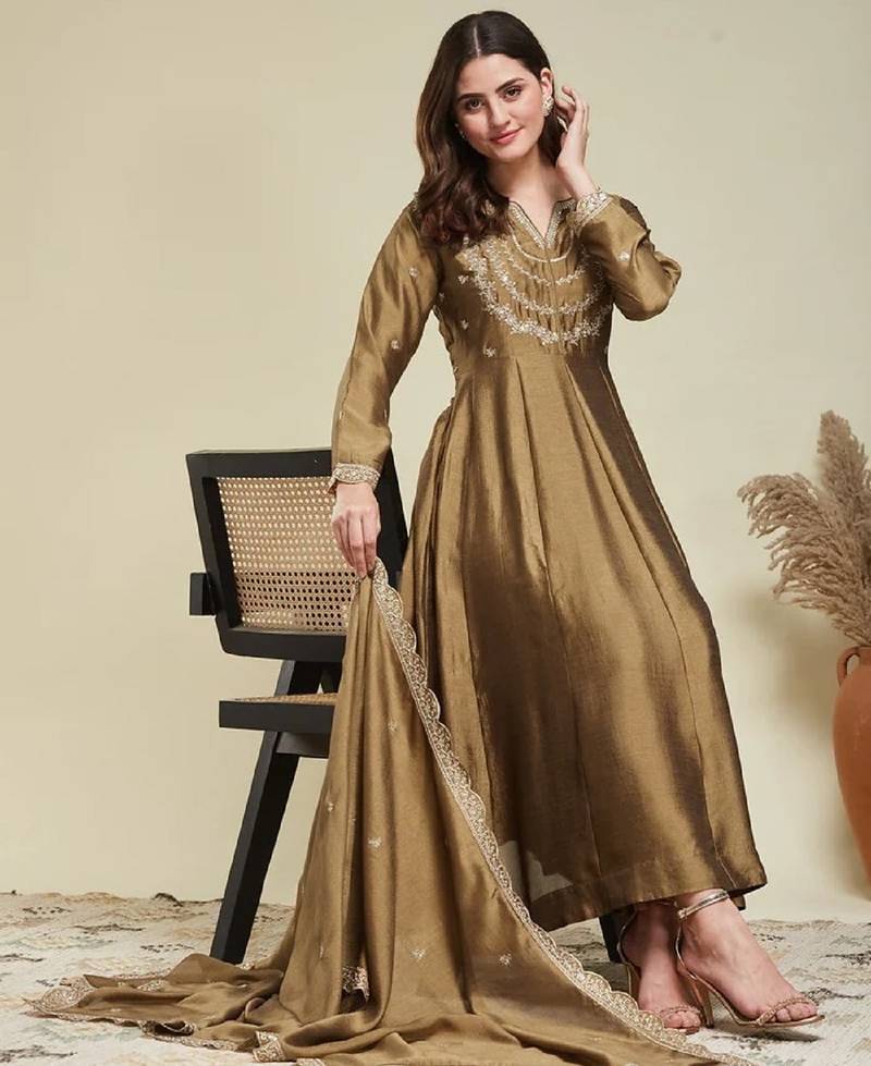Gold embroidery vichitra silk kurta with pant and dupatta