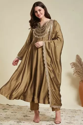 Gold embroidery vichitra silk kurta with pant and dupatta