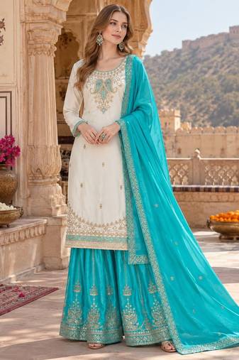 White & turquoise silk blend  readymade suit with embroidery & mirror work