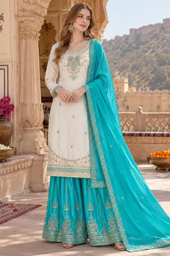 White & turquoise silk blend  readymade suit with embroidery & mirror work