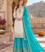 White & turquoise silk blend  readymade suit with embroidery & mirror work
