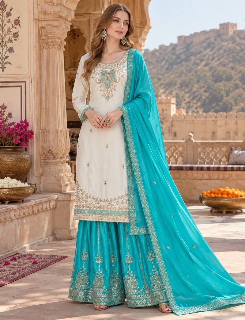White & turquoise silk blend  readymade suit with embroidery & mirror work