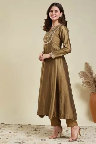 Gold embroidery vichitra silk kurta with pant and dupatta