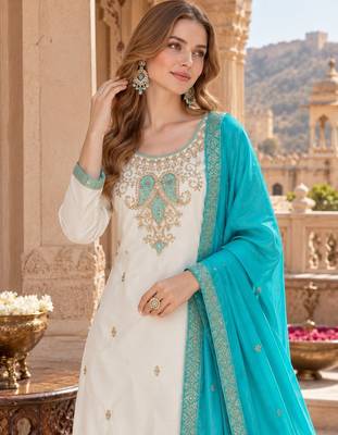 White & turquoise silk blend  readymade suit with embroidery & mirror work 2
