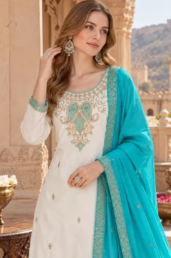 White & turquoise silk blend  readymade suit with embroidery & mirror work