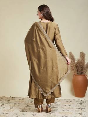 Gold embroidery vichitra silk kurta with pant and dupatta 4