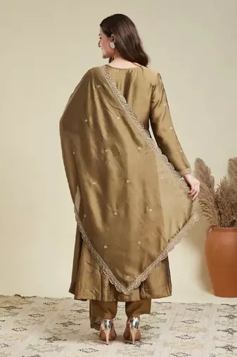 Gold embroidery vichitra silk kurta with pant and dupatta